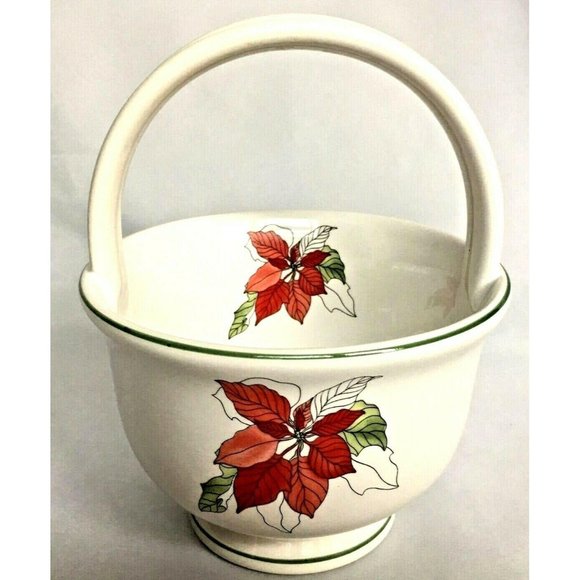 Block Bernardo Poinsettia Handle Basket Ceramic Goertzen Portugal Watercolors - Picture 1 of 10